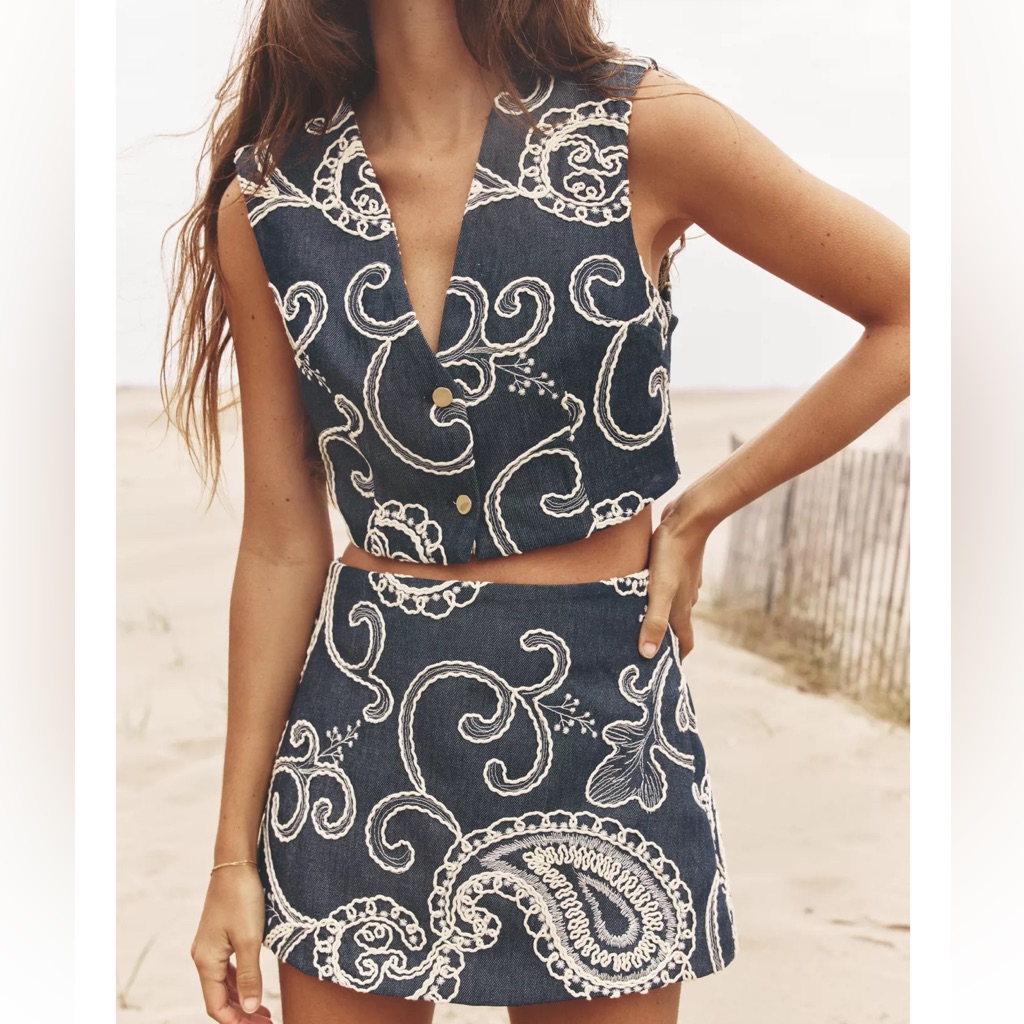Zara 2 Piece Set Embroidered Vest Top & Skort - Blue White Nwt